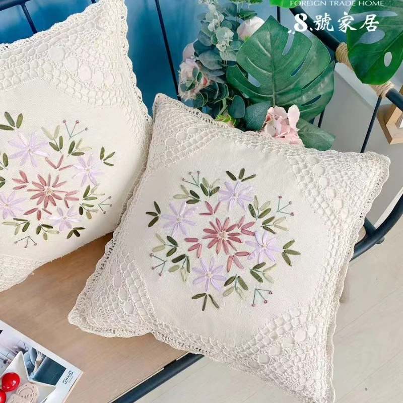 

Cotton and linen woven crochet cushion cover Floral Embroidered Pillow Cover Decorative Retro Handmade Woven Cotton Pillow Case