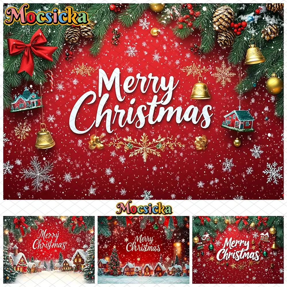 

Mocsicka Merry Christmas Photography Backdrop Xmas Tree Winter Snow House Decorations Red Background Shooting Prop Studio Banner