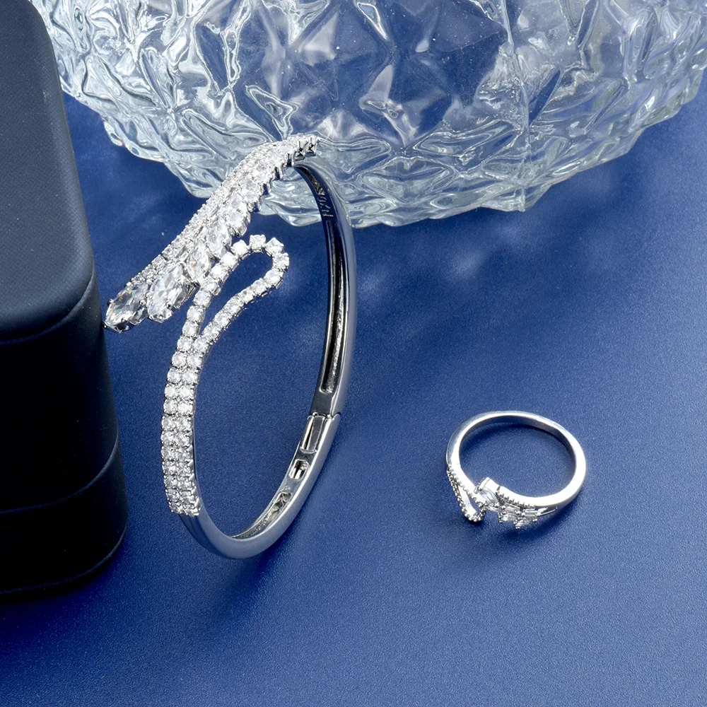 HIBRIDE Delicate Elegant Timeless Jewellery Luxury Ladies CZ Zirconia Adjustable Geometric Ring Bracelet Wedding Party S-123