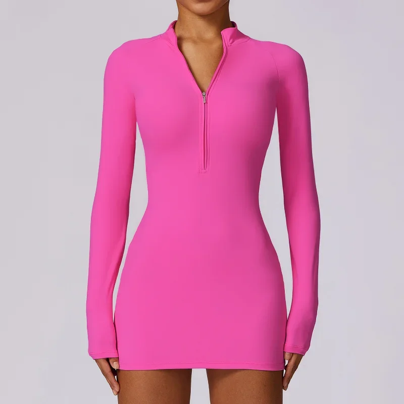 Tennis Sports Dress for Women Solid Color Half Zipper Long-sleeved Stretch Tight Athletic Workout Yoga Mini Dresses Sportwears