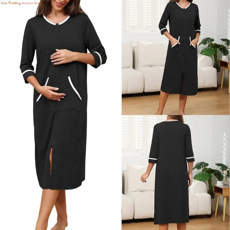 

G92D Модная женская ночная рубашка с контрастной отделкой и рукавами три четверти из смеси хлопка и полиэстера для домашней