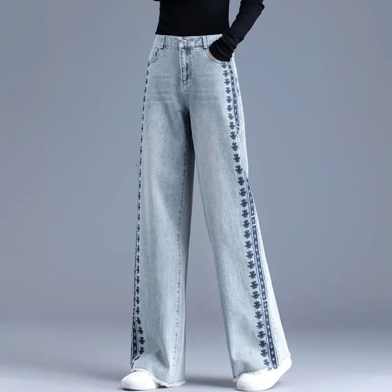 

2024 Autumn Women's Casual Aesthetic Harajuku Jeans Vintage Emo Loose Washed Pants Y2K Wide Leg Punk Baggy Blue Denim Trouser