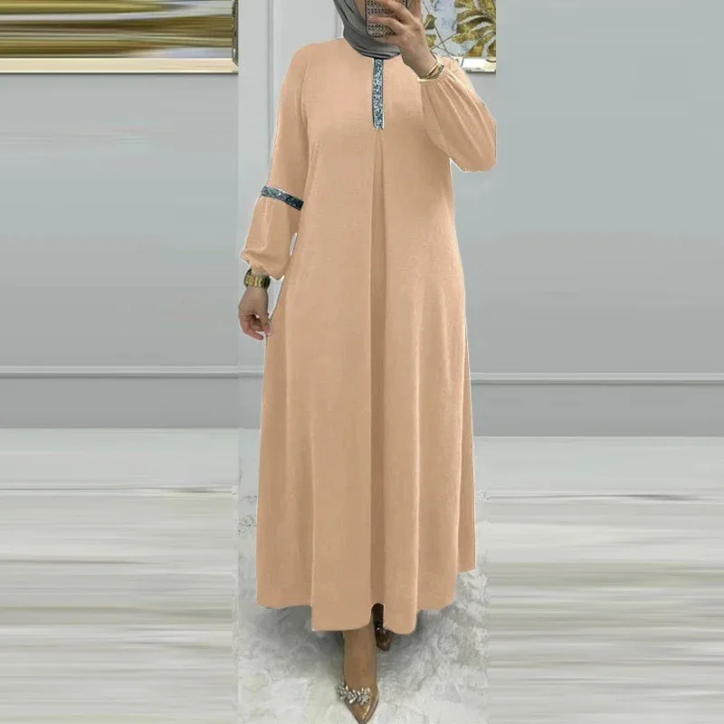 Elegante robe muçulmano cor sólida manga comprida vestido de lantejoulas elegante manga bolha vestidos longos dubai