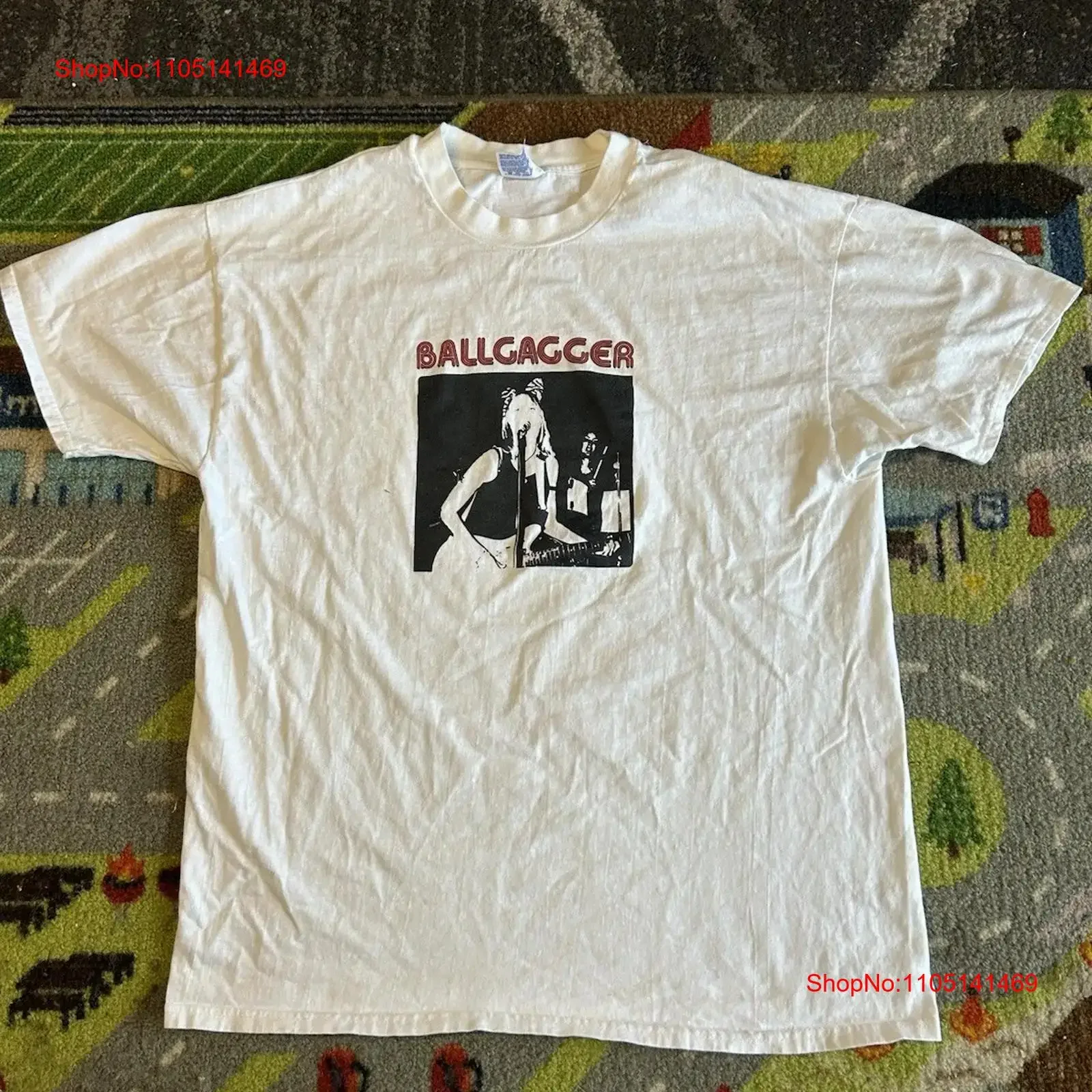 تي شيرت كلاسيكي Ballgagger 90s La Hardcore Punk Band أبيض مقاس Xl عتيق مغسول أوم مريح ممتد للارتداء اليومي