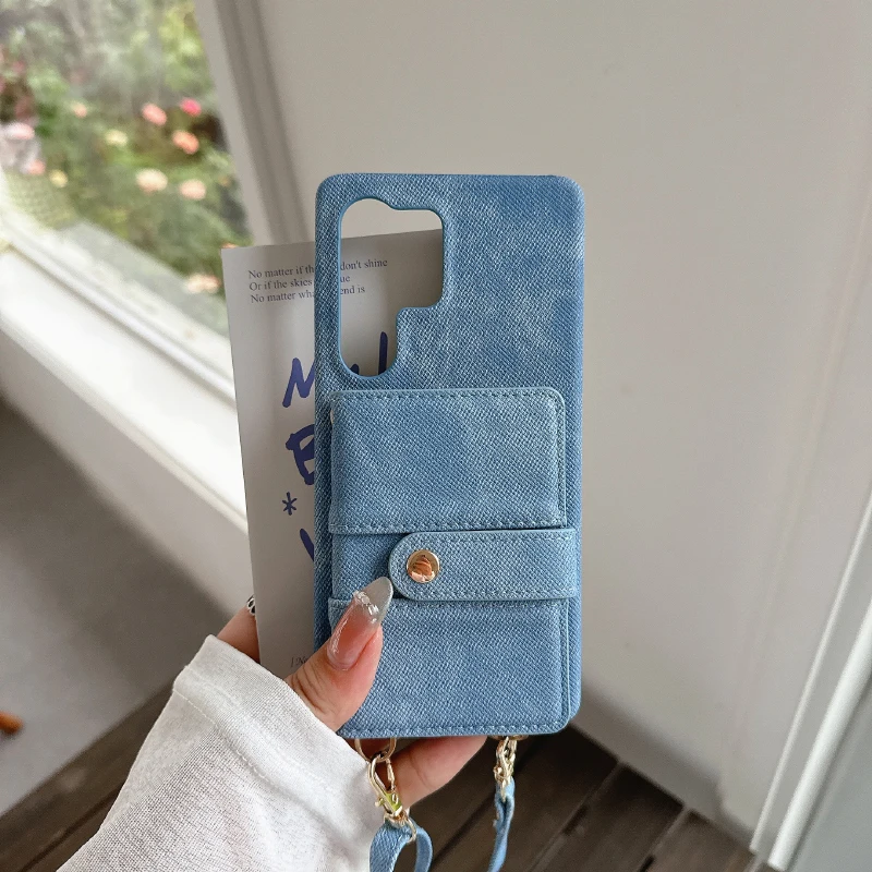 

Luxury Solid Color Denim Wallet Card Slot One Buckle Lanyard Phone Case For Samsung S25 Ultra S23 S24 Ultra Bumper Back Cover