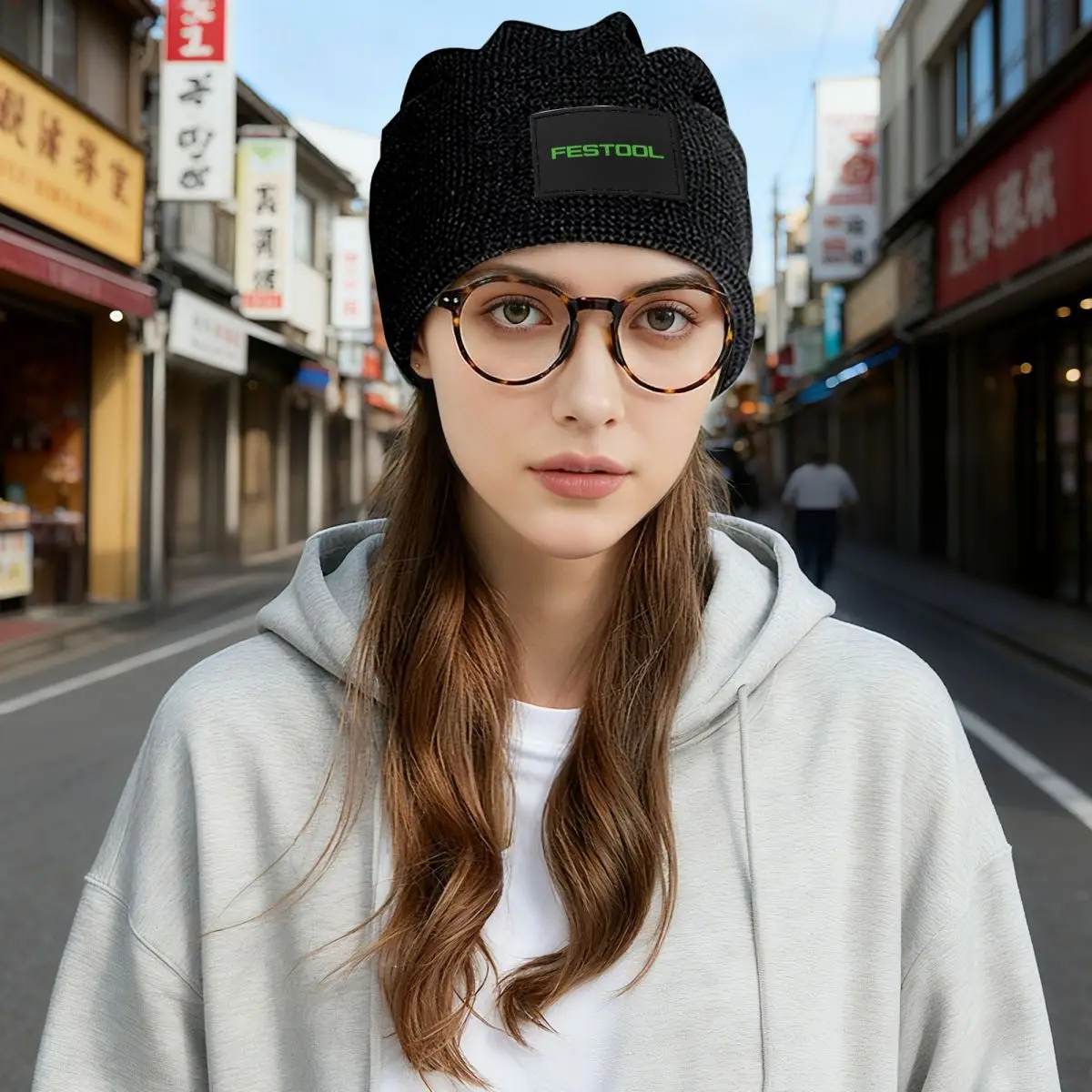 Festool Powertool Waffle Knit Fleece Lined Beanie with PU Leather Patch Unisex Warm Winter Soft Cap