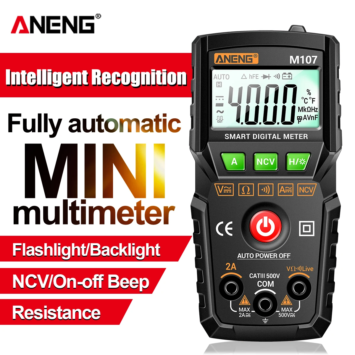 ANENG M107 Mini Digital Multimeter AC DC 0‑500V 0‑2A Resistance 20MΩ NCV Continuity Buzzer Backlight Zero Fire Wire Detect Meter
