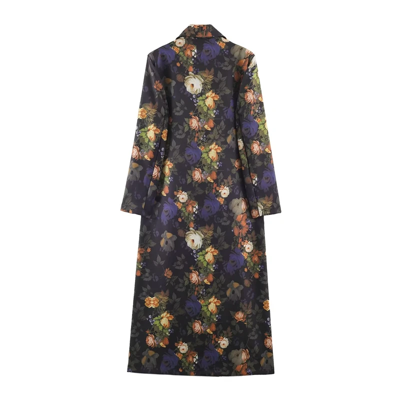 KEYANKETIAN 2026 Retro Floral Print Long Coat Notched Lapel Double Breasted Loose Fit Women Elegant Full‑Length Trench Outerwear