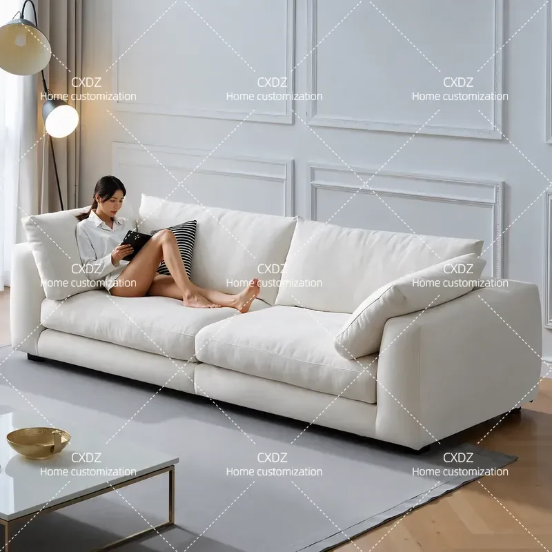 Rhine sofa living room cream wabi-sabi retro wind cotton and linen down straight row large white fabric sofa can be