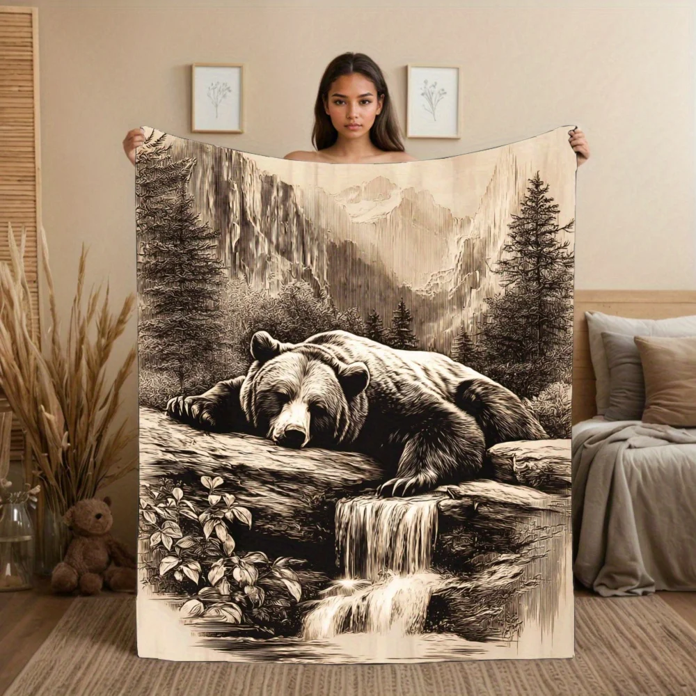 Black Bear Forest Waterfall Nature Scene Throw Blanket Cozy Woodland Animal Art Decor Gift