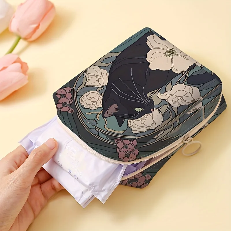 Sac de rangement pour serviettes hygiéniques imprimées à motif de chat, sac en tissu léger pour femmes, sac en tissu hygiénique 1 pièce