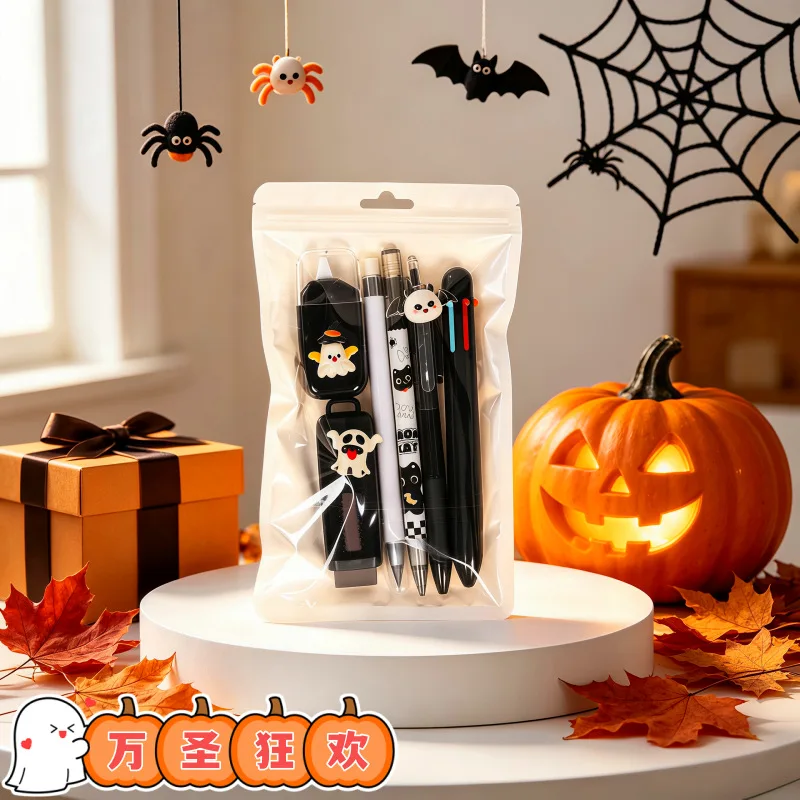 Black White Halloween Stationery Kit Writing Supplies Gift Set for School Students with Pens Pencils Eraser Ruler view 3