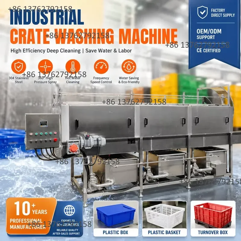 【2026】 Industrial Plastic Crate Washing Machine for Food Processing Basket Tray Bin Cleaning Equipment Automatic Washing Line