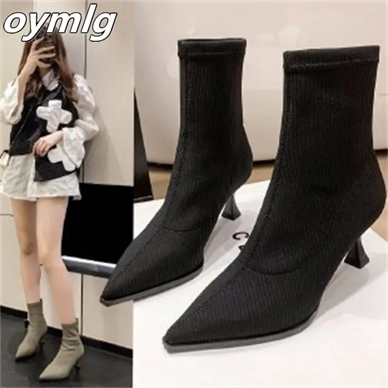 2022winter women\'s boots elastic socks boots high heels knitted skinny boots stiletto mid-tube short boots pointed toe bare boot