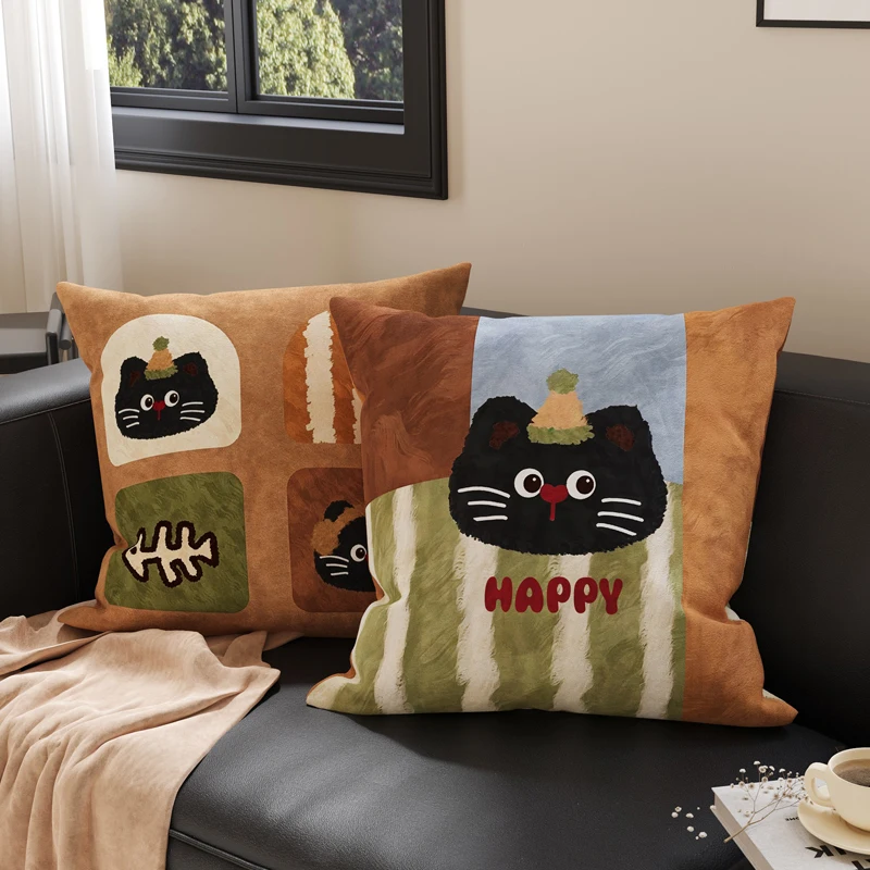 Retro Cartoon Sofa Pillow Backrest Cushion Living Room Pillow High-End Bedroom Waist Support Removable Cover Included Core