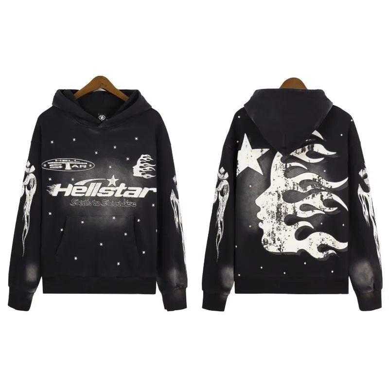Hellstar Men Women  American Retro Letter Print Oversized Hoodie All-Match Casual Youth Trendy Plus Size Hooded Sweatshirts