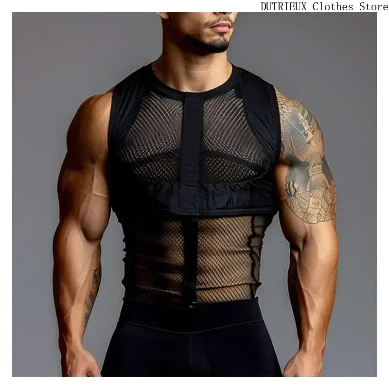 Men\'s High Street Punk Black Vest Sexy See-through Men Sleeveless Tee Fitness Exercise Hollow Vest Mesh Breathable Male Tank Top