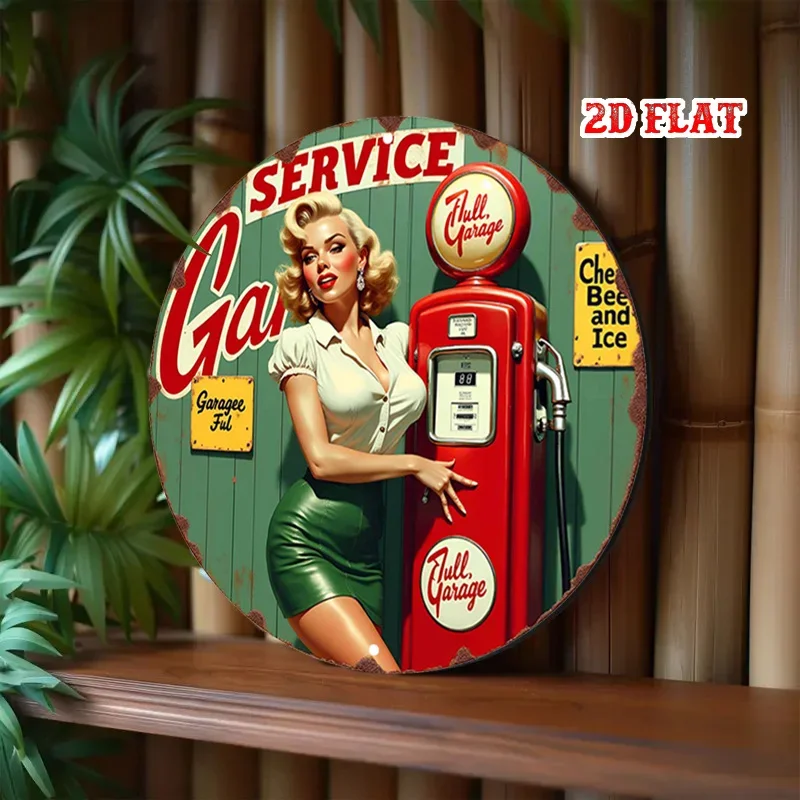 Vintage Pin-Up Girl Gas Pump, Metal Sign, Retro Gas Station Garage Decoration, Teal and Red Design, One Piece