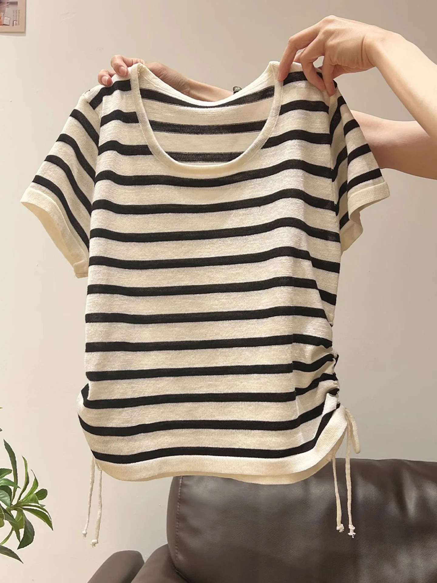 Minceur côté Dstring taille ort Sve rond Ne haut tricoté couleur Blo été Faionable Base irt femmes Sle