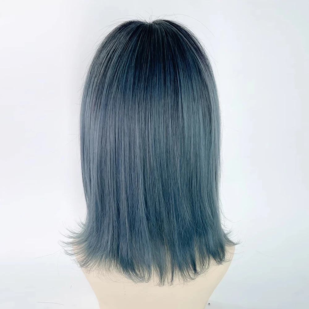 Blue Short Synthetic Straight Wigs with Bangs Lolita Cosplay Natural Fluffy Women Hair Wig for Daily Party