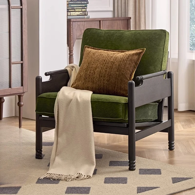 Retro all-solid wood sofa fabric small apartment living room bedroom leisure chair