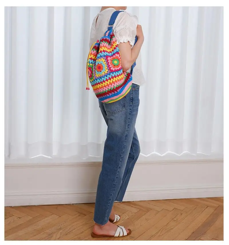 Bohemian Crochet Barrel Shaped Women Shoulder Bags Knitted Granny Square Backpacks Handmade Woven Handbag Casual Travel Bag 2024