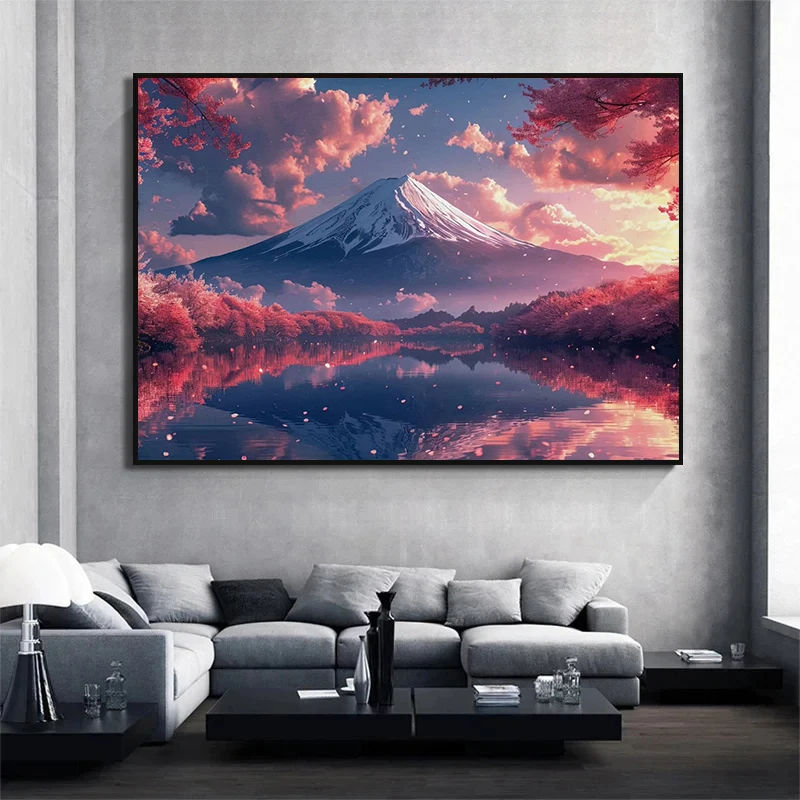1pc frameless Canvas Painting Japan Cherry Blossoms Sunrise Scenery Mount Fuji Wall Art Canvas Painting Bedroom Interior Paintin