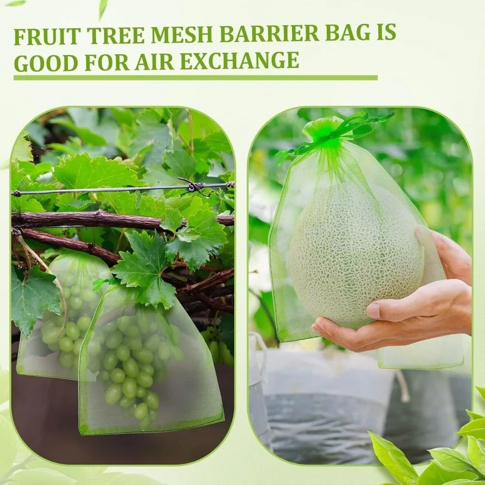 100Pcs Mesh Fruit Protection Bags Organza Weather Resistant Fruits Insect Proof Bag with Drawstring Anti-Bird Netting