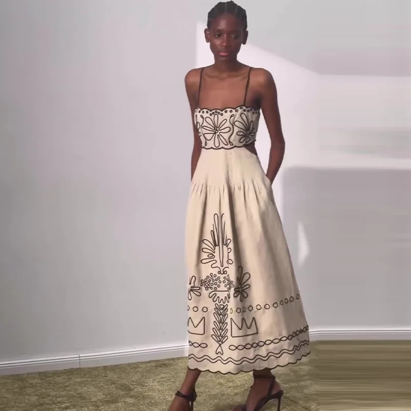 Vintage Embroidery Women Sling Dress Sexy Hollow Out Sleeveless Backless Wave Hem Lady Dresses 2024 New Summer Beach Ladies Robe