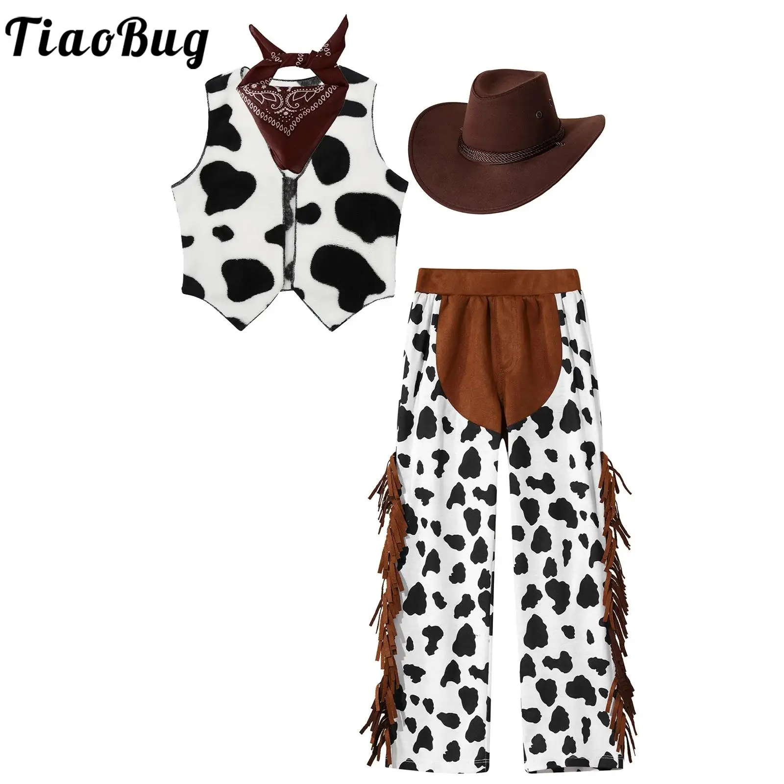 Child Unisex 4PCS Cowboy Cowgirl Costume Cow Printed Vest with Fringed Tassel Pants Bandanna And Western Cowboy Suede Hat