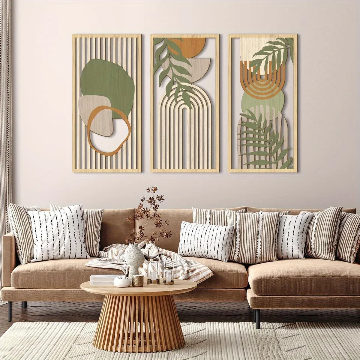 3PCS Sage Green Abstract Wooden Wall Art, Geometric Wood Wall Sculptures, Modern Artwork Neutral Wall Decor