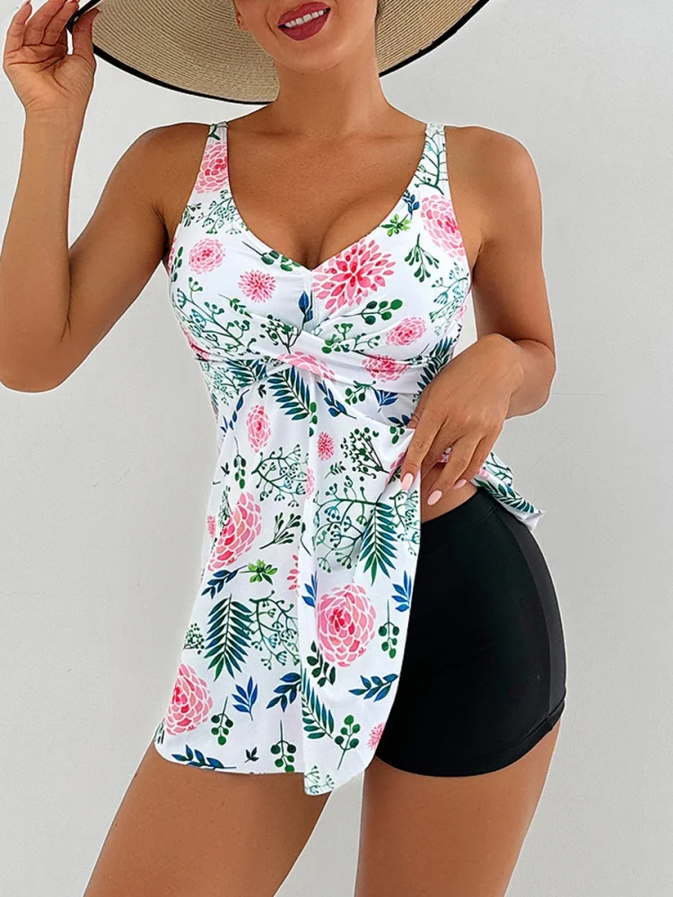 Two Piece Swimsuit Women 2026 New Solid Print Sling V Neck Sexy Tankini Swimwear Summer Boxer Shorts Beach Bathing Suit Female
