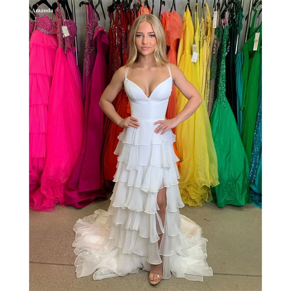 

Amanda Customized Spaghetti Strap Tiered Ruffle Side Slit Prom Dresses Long Trailing vestidos de noche Sleeveless Formal Evening