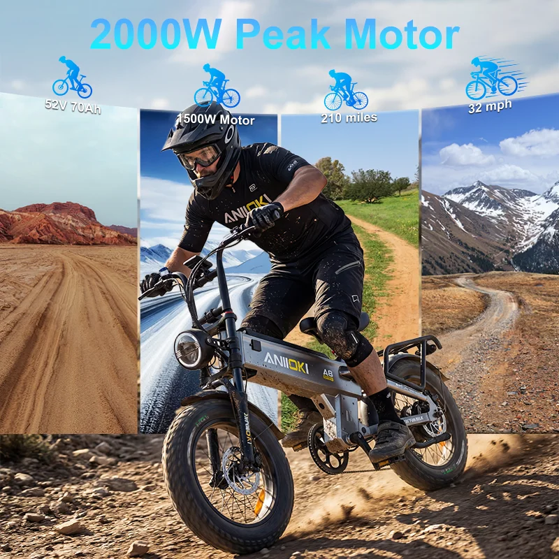 

2026 2000W Peak Motor Electric Bike ANIIOKI 52V 70Ah battery Ebike 32mph 20"*4" Fat Tires Long battery life Electric Bicycle