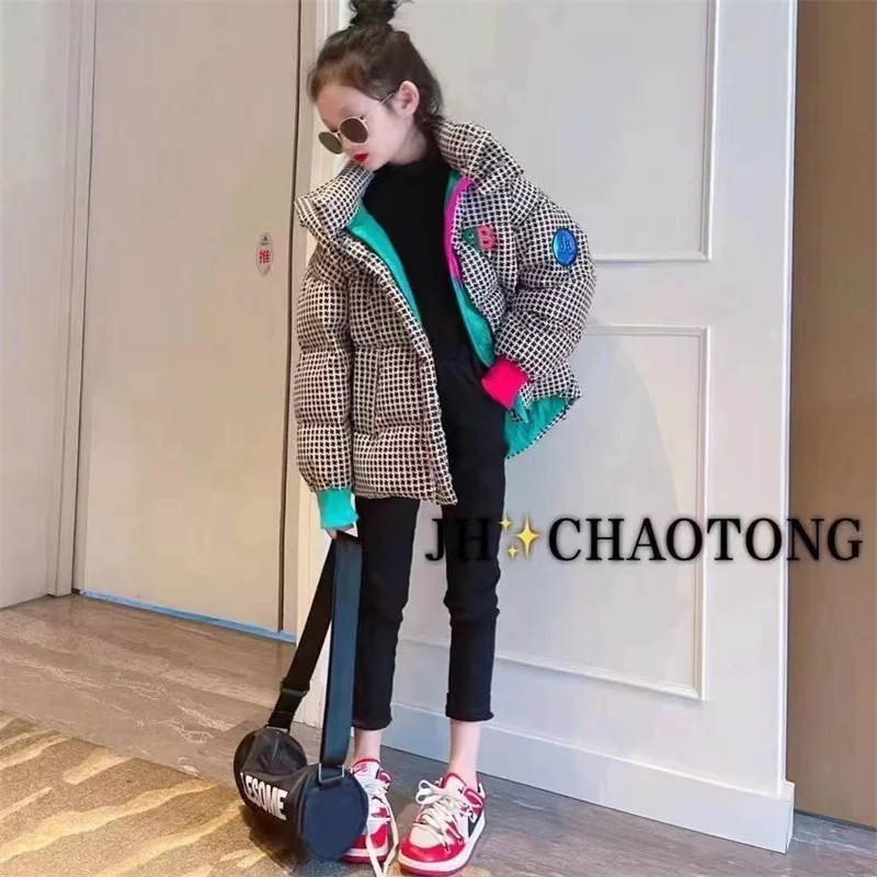 Girls Down Coat Jacket Cotton Windproof Outwear 2023 Houndstooth Warm Thicken Velvet Winter Skiwear Children\'s Clothing