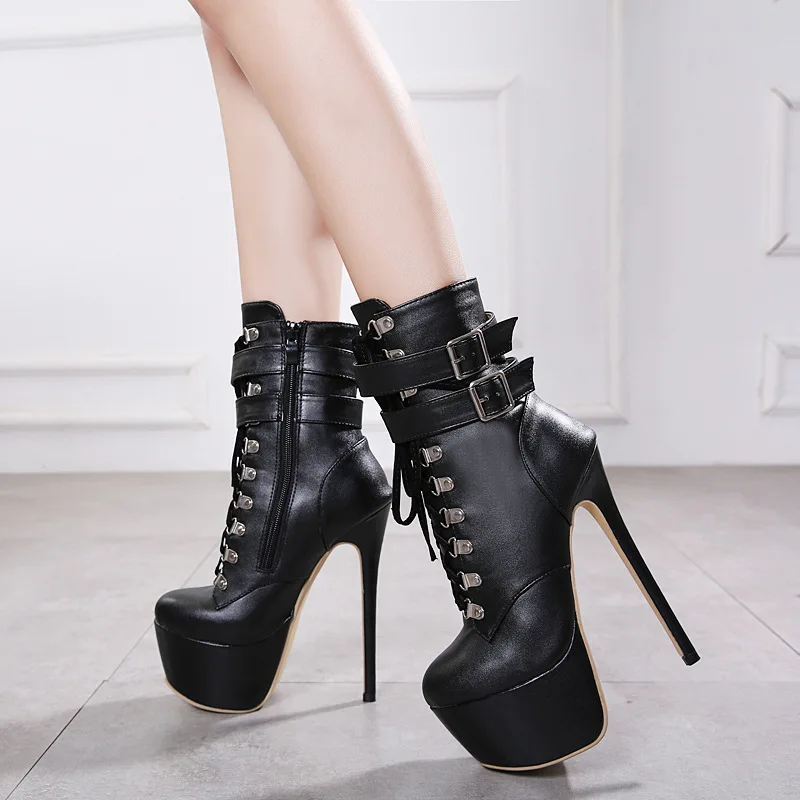 

Women's Fall New Ankle Boots Sexy High Heels Platform Thick Black Leather Ankle Boots Black Shoes Ladies Stiletto 2022