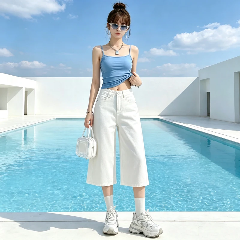 Summer High Waist Loose Wide Leg Vintage Blue Denim Jeans Women High Quality Six Points Petite Hip Hide Pants