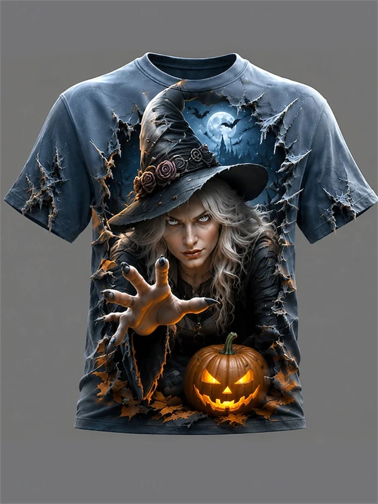 Women's Fashionable Halloween T-Shirt Round-Neck Short-Sleeve Top with Witch Pumpkin and Bat Print Perfect for Holiday Parties