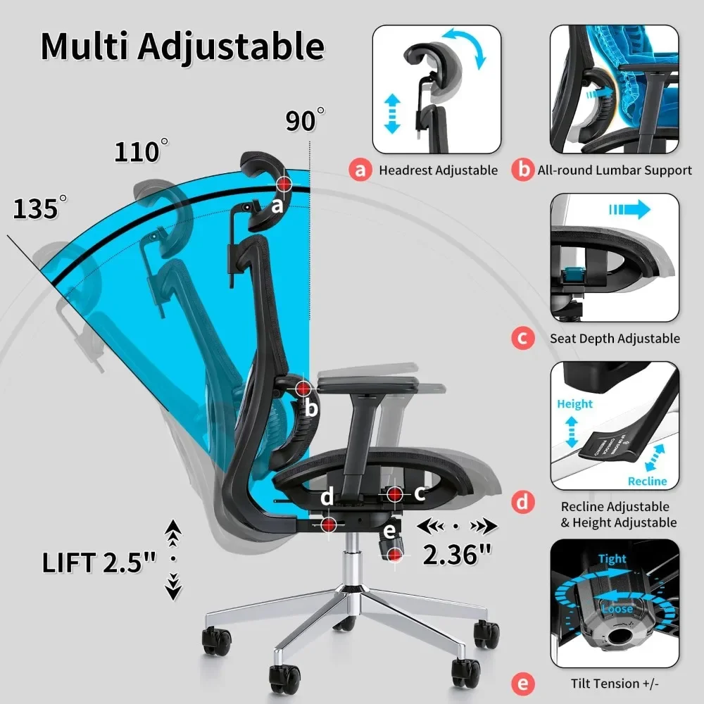 Silla de oficina ergonómica con reposabrazos 3D, silla de escritorio grande y alta para ordenador con reposacabezas ajustable, profundidad del asiento, soporte Lumbar