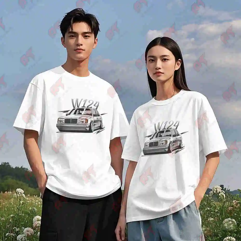 W124 Vintage Car Black White Line Art Short Sleeve Tee 100% Cotton T-Shirt view 3