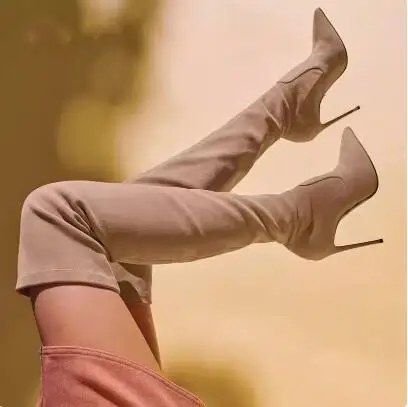 

Sexy Women Apricot Black Suede Leather Pointed Toe Metal Thin Heels Slim Over The Knee Boots Female Slip On Thigh Long Boots
