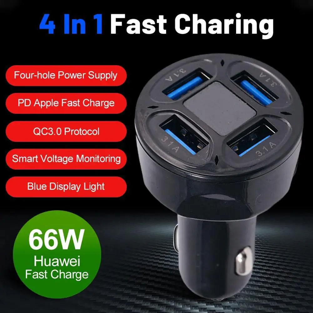 Car Charger 4 Usb Simultaneous Output 12 To 24v Voltage Input Pc Material Led Display Monitors The Auto Battery