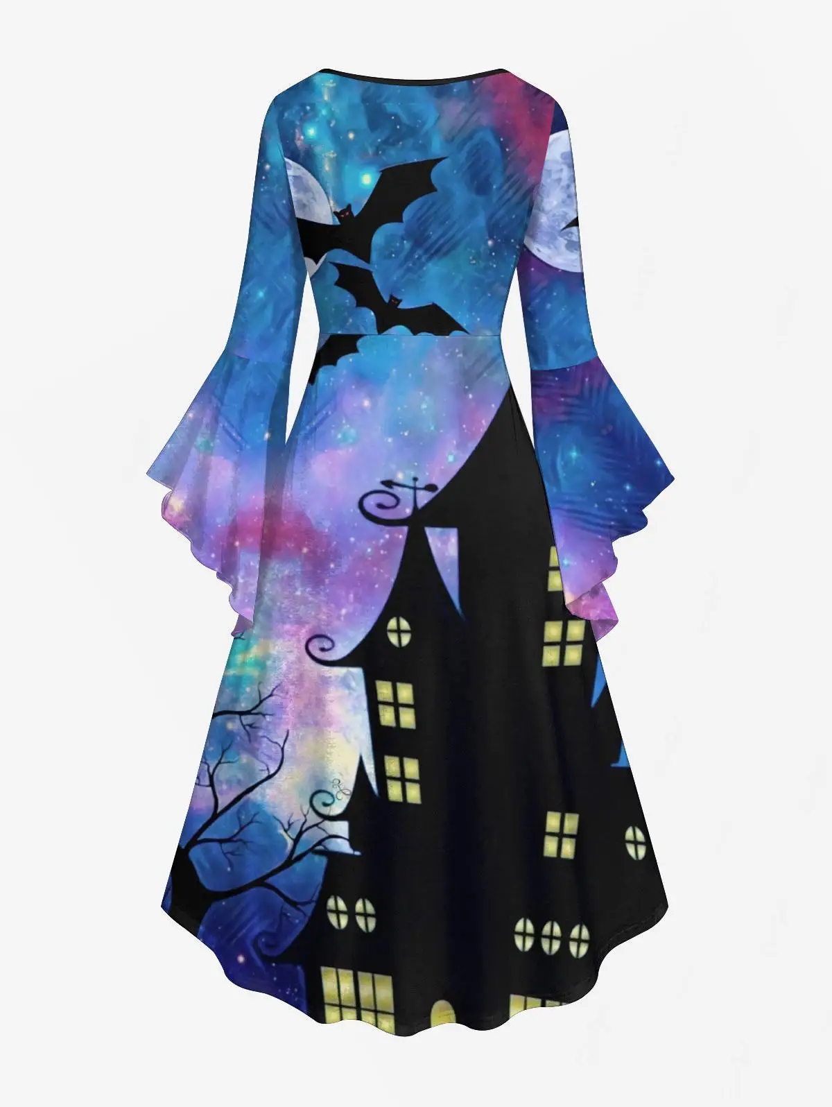 Plus Size Bat Moon Tree Branch Castle Colorful Ombre Galaxy Printed Halloween Costume Ruched High Low Asymmetric Dress And Pocke