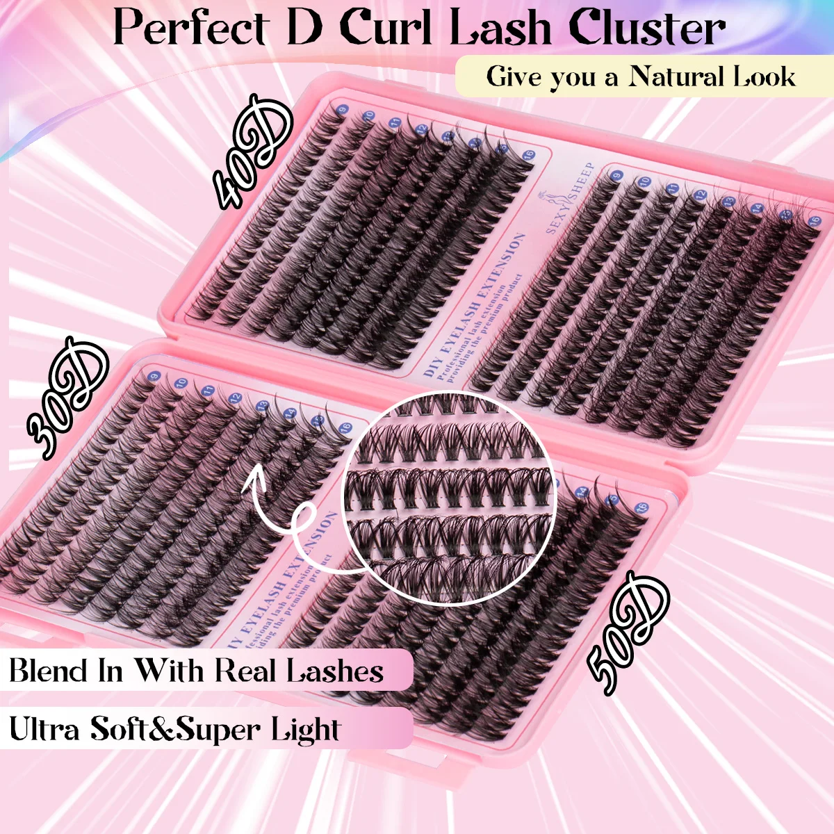 Kit de clusters de cílios fofos e macios segmentados, extensões de cílios, grande capacidade, kit resuável, faça você mesmo em casa