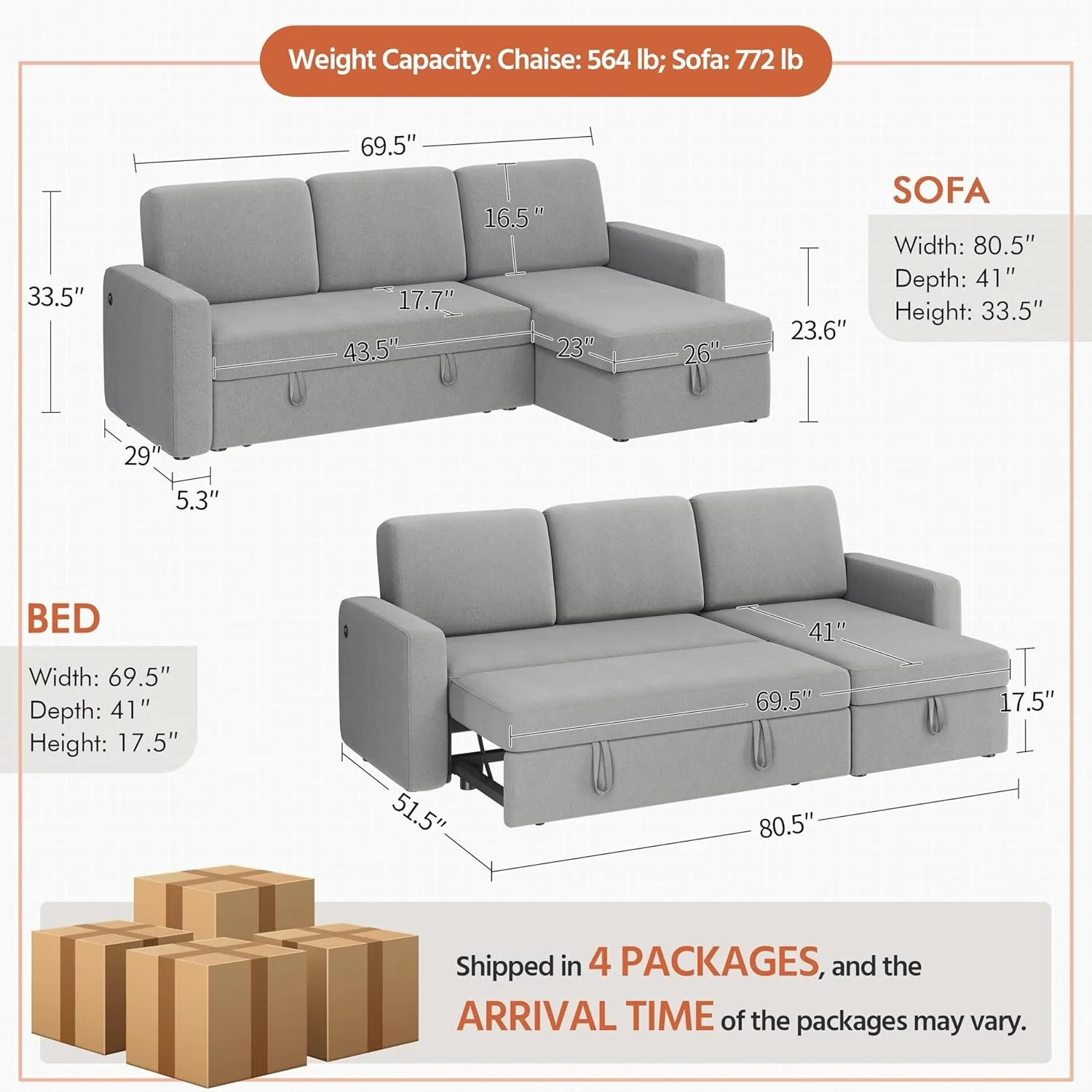 Sectional Sofa L-Shaped Sofa Couch Bed w/Chaise & USB, Reversible Couch Sleeper w/Pull Out Bed & Storage Space, 4-seat Fabric