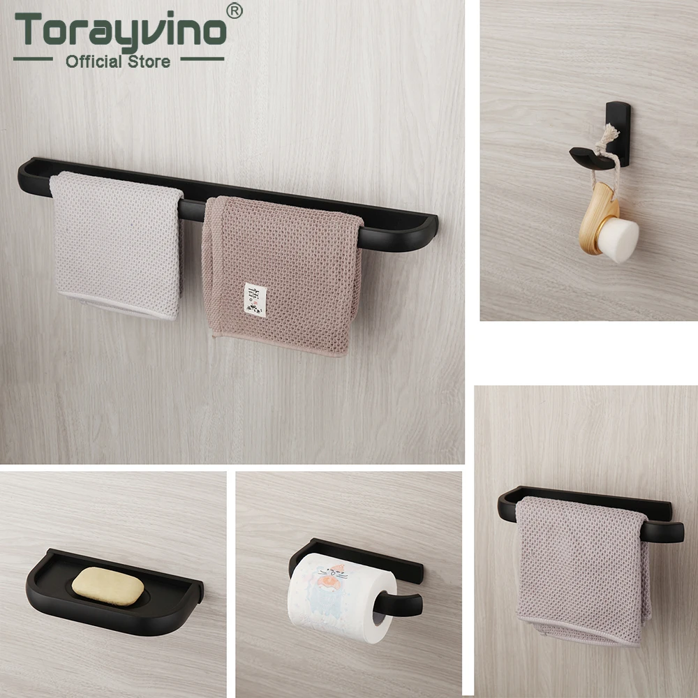 

Torayvino Matte Black & Chrome Polished Bathroom Shelf Paper Holder Coat Hook Towel Rack Simple Style Hardware Accessories Set