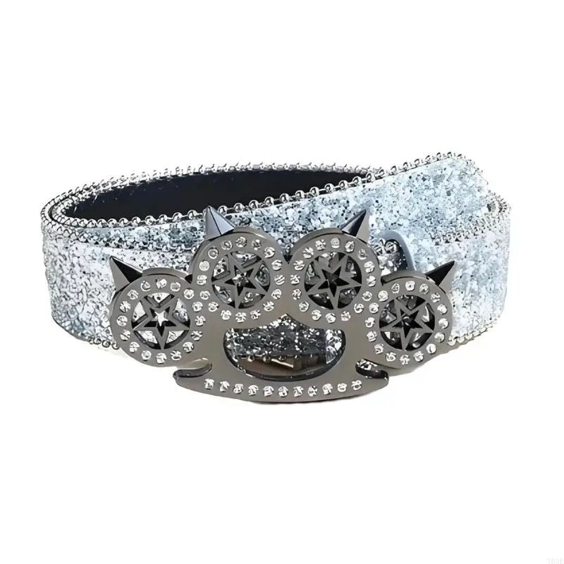 Shimmering Decorative Belt with Footprint-Shaped Metal Clasp, Pointed Accents and Closure for Outfit Styling, 107 Y08E