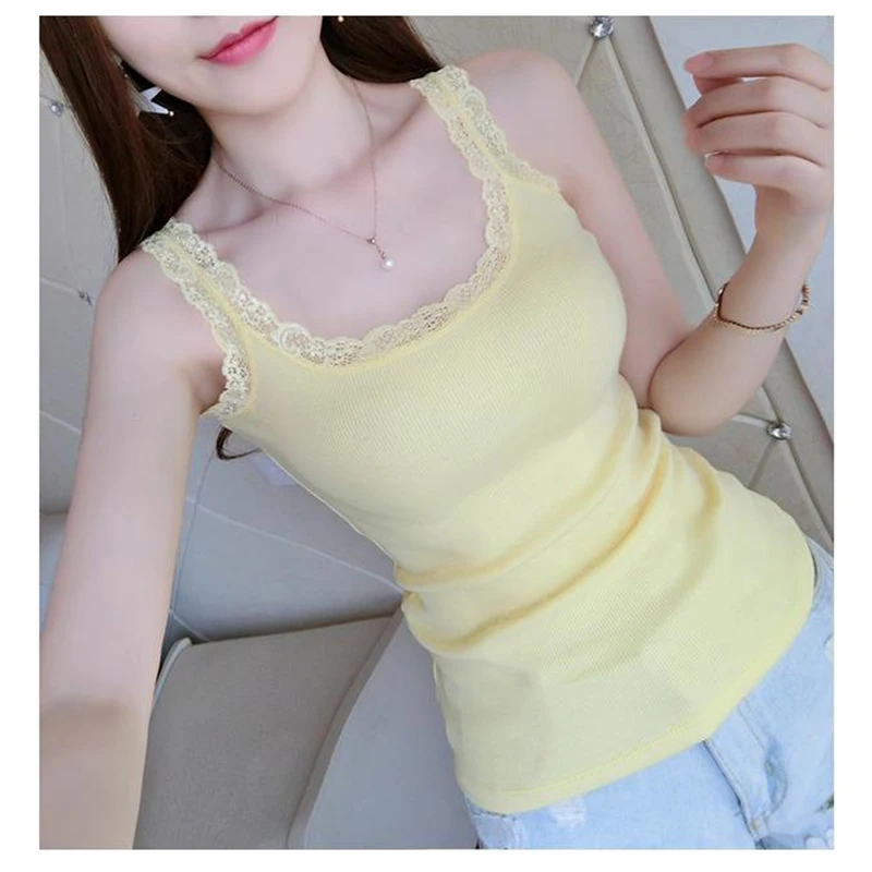 Tank Tops Women Summer O-neck Solid Color Female U-shaped Low Cut Lace Suspender Vest 2024 New Sleeveless Camisole For Ladies