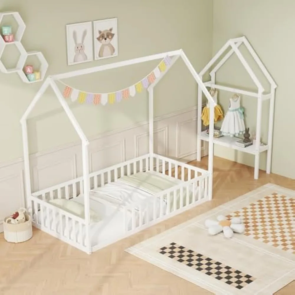 سرير Giantex Twin House Floor، سرير مونتيسوري من الخشب الصلب مع رف تخزين قابل للفصل، شماعة ملابس ودرابزين، سرير مزدوج لـ