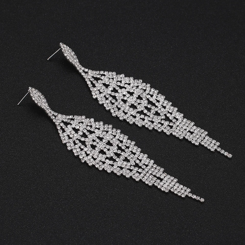 TREAZY Luxury Rhinestone Big Statement Earrings for Women Hollow Leaf Shape Crystal Long Drop Earrings Hanging Wedding Jewelry